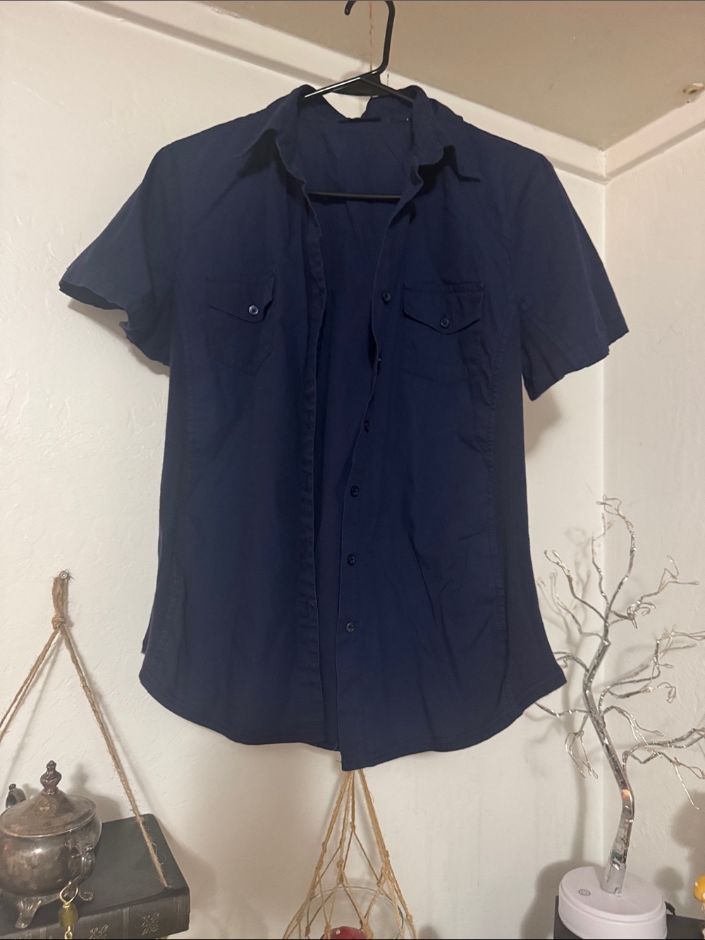 Short-Sleeve Button Front Blouse in Navy